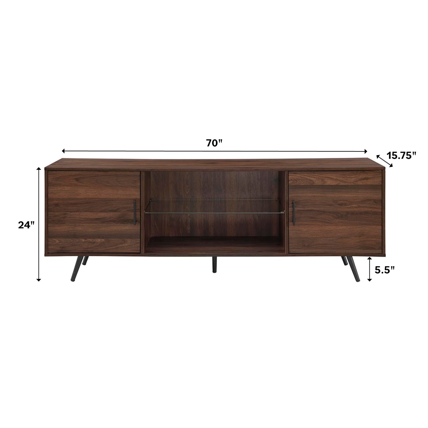 Walker Edison Saxon Mid Century Modern 2 Door Glass Shelf TV Stand for TVs up to 80 Inches, 70 Inch, Dark Walnut