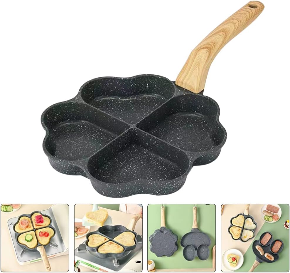 Hemoton Heart Shape Egg Frying Pan, Aluminum Non Stick Skillet with Wooden Handle for Omelets, Pancakes, and Breakfast