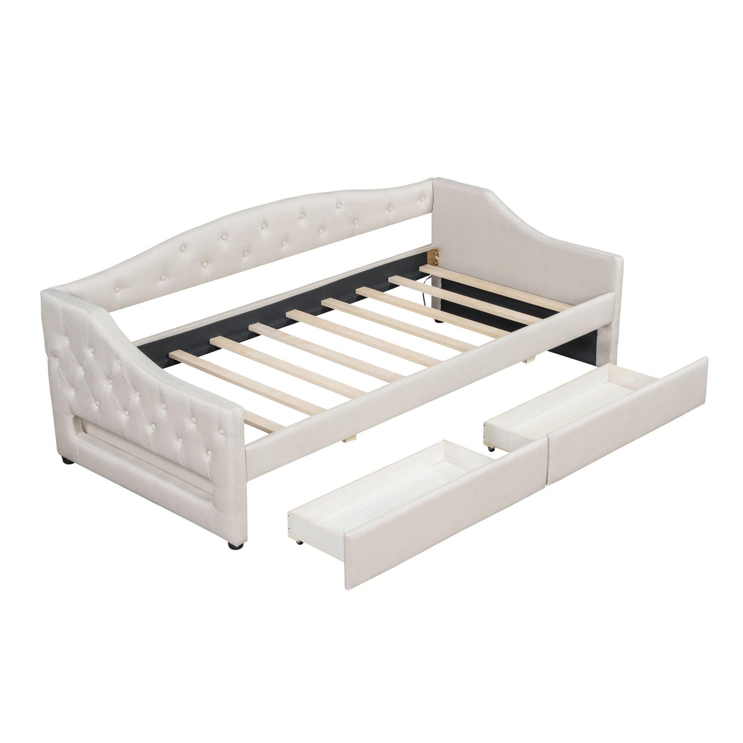 DNYN Twin XL Upholstered Daybed with Storage Drawers for Kids,Adults,Solid Wood Bedframe w/Led & Fabric Backrest Design,No Box Spring Needed & Easy Assembly, Beige