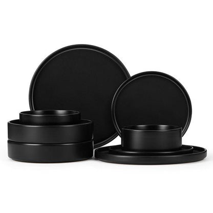 Herogo Dinnerware Sets with Pasta Bowls for 2, 8 Piece Dinner Salad Plates and Cereal Bowls, Stoneware Serving Dishes Dinner Ware for Home Kitchen, Dishwasher & Microwave Safe Dishware, Matte Black