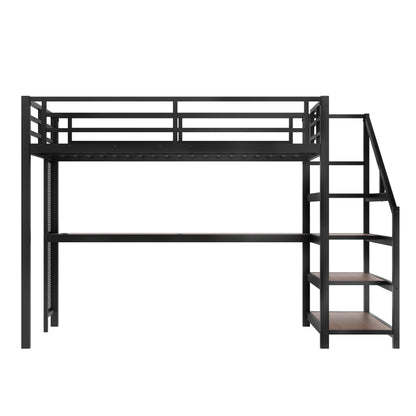 Full Size Loft Bed with Desk and Storage Stairs, Metal Loft Bed Frame with LED Lights, Charging Station, and Multi-function Iron Nets, Loftbed for Kids, Teens, Adults, Noise-free, Black and Wood