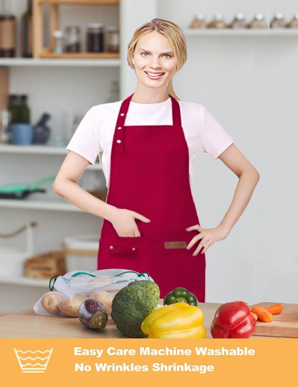 Adjustable Straps Aprons for Women Men - Waterproof Canvas Kitchen Cooking Apron with Pockets