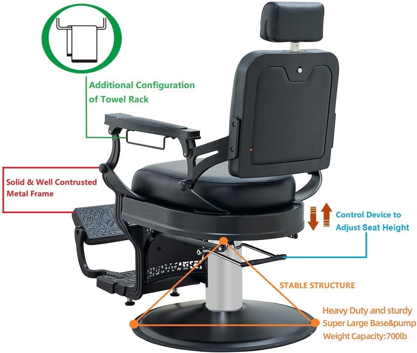 McDooFly Barber Chair Heavy Duty 700 lbs - Salon Chair for Hair Stylist - Black Reclining Barber Chairs for Barbershop - Salon Tattoo Shampoo Beauty Massage Equipment