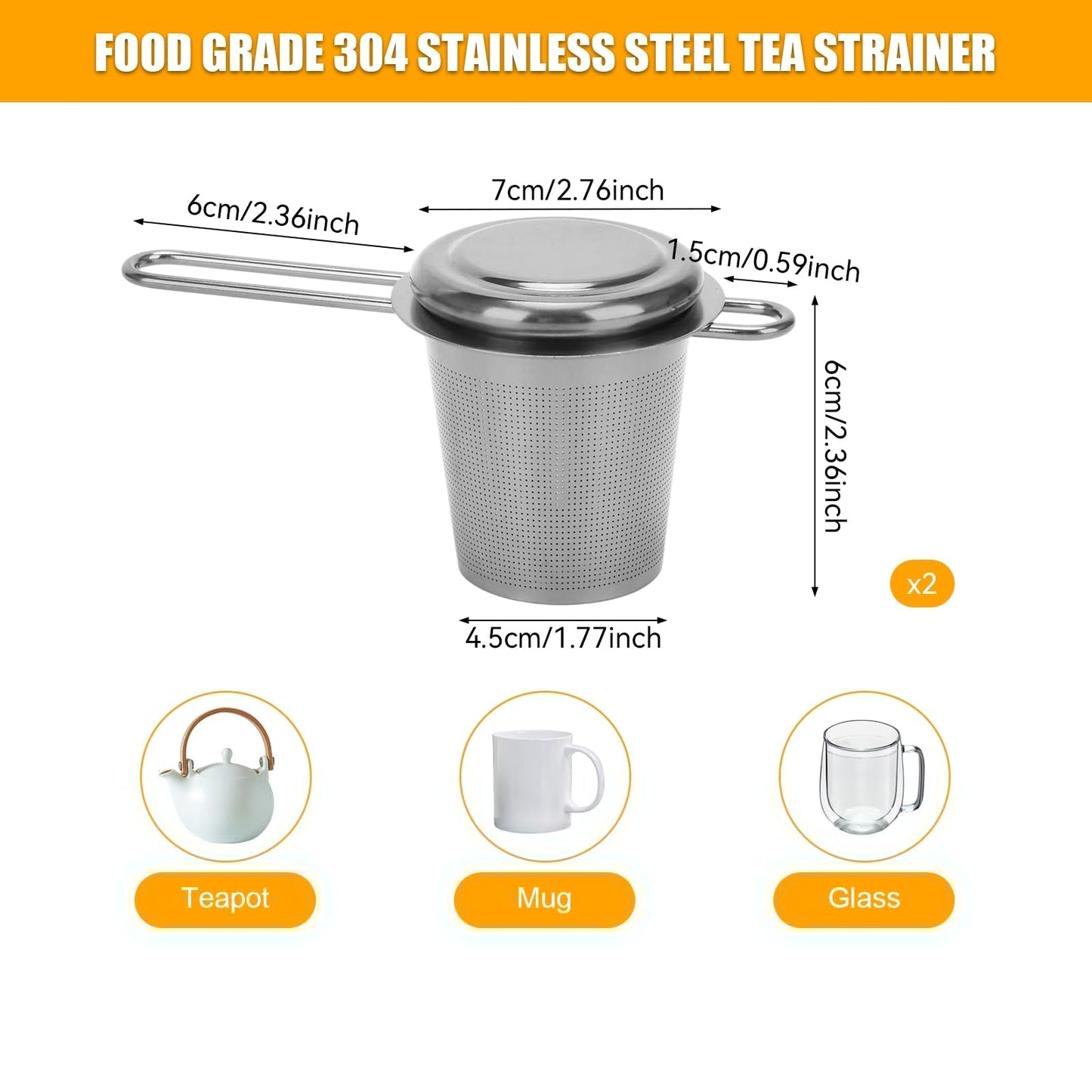 2pcs Tea Infuser, Stainless Steel Tea Strainer Fine Mesh Tea Diffuser with Double Long Handles Loose Leaf Tea Steeper for Mugs Cups Teapots (Silver)