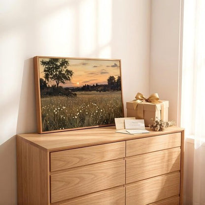 Framed Vintage Farmhouse Canvas Wall Art - Rustic Wildflower Field Landscape Painting 16x24