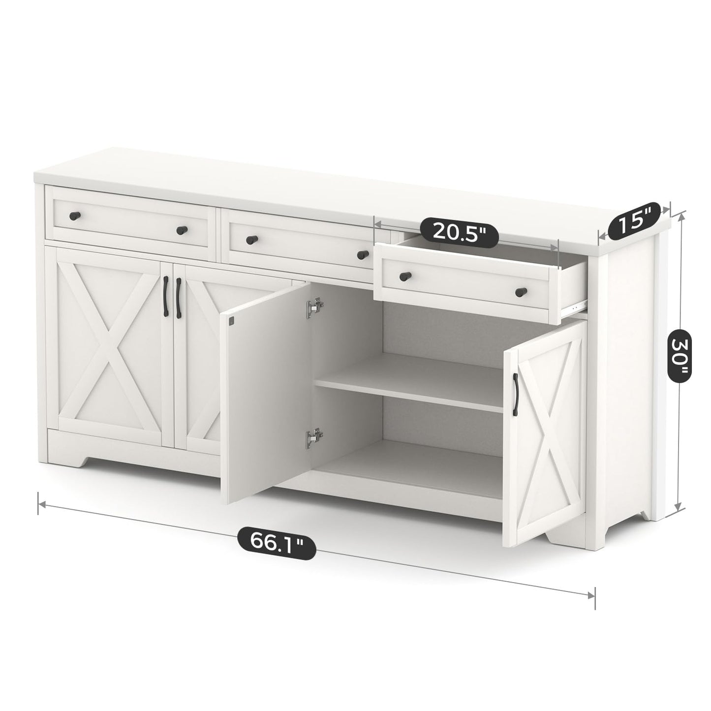 Lyromix 66'' Farmhouse Sideboard Buffet Cabinet with Storage, Large Kitchen Storage Cabinet with Barn Doors Drawers, White Coffee Bar Table for Dining Room Kitchen