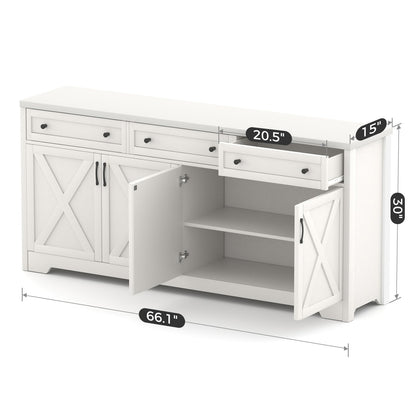 Lyromix 66'' Farmhouse Sideboard Buffet Cabinet with Storage, Large Kitchen Storage Cabinet with Barn Doors Drawers, White Coffee Bar Table for Dining Room Kitchen