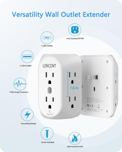 LENCENT 2 Prong Power Strip, 3 to 2 Prong Grounding Outlet Adapter 6 Outlet 1 Type C&2 USB 3.4A, Polarized Plug, 1728J Surge Protector, 3-Sided Wide Spaced Extender,Wall Mount for Non-Grounded Outlet