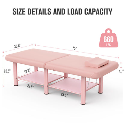 Folding Stationary Massage Table with Backrest and Storage Space for Treatment Table Physical Therapy Table Spa Facial Bed, 6 Round legs Metal Frame PU Leather, 30.5'' Wide × 75'' Long - Pink