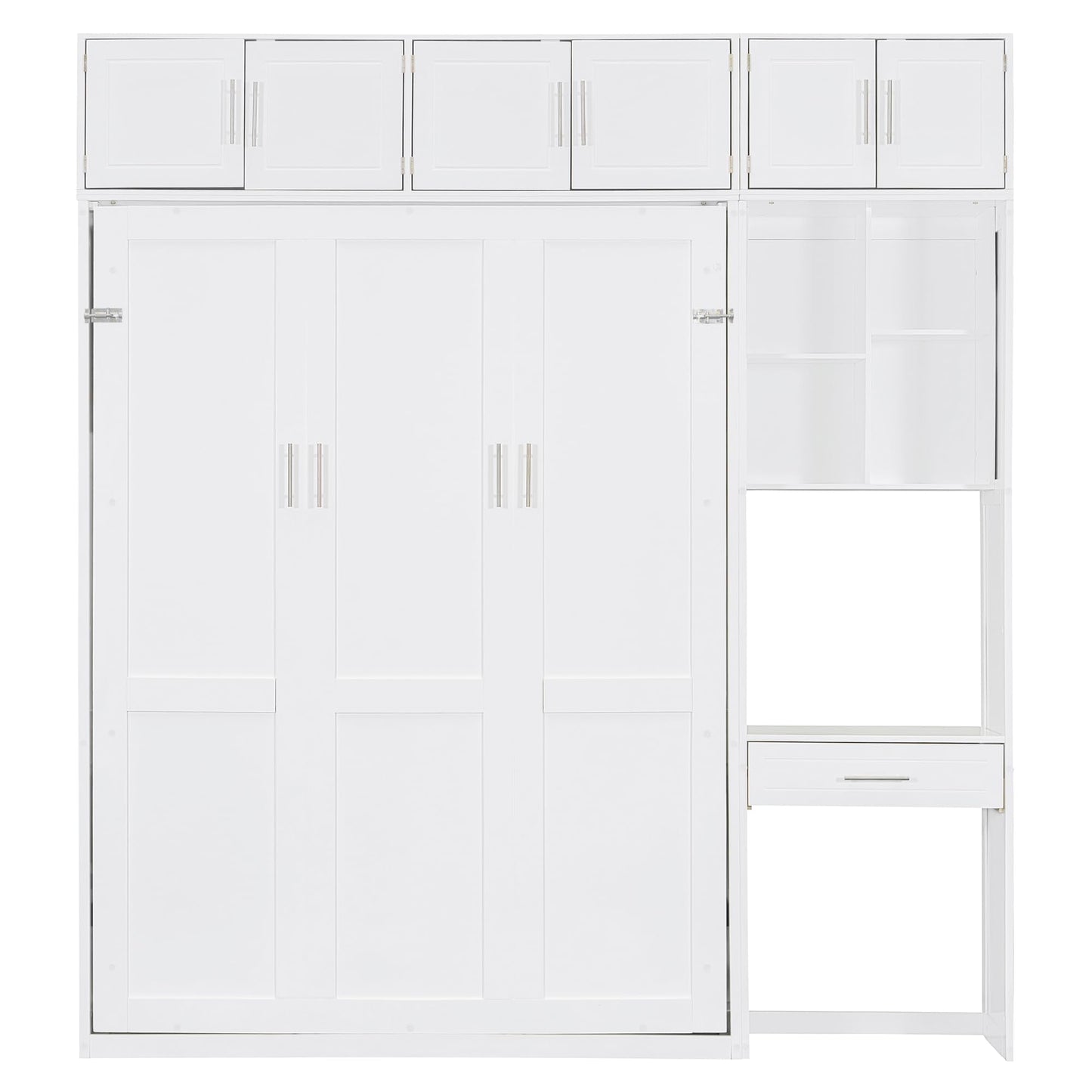 Merax Full Size Wall Murphy Bed with Desk, Top Cabinet and Storage Shelves, Space Saving Foldable Bed, Wooden Bed Frame
