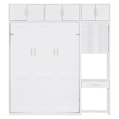 Merax Full Size Wall Murphy Bed with Desk, Top Cabinet and Storage Shelves, Space Saving Foldable Bed, Wooden Bed Frame