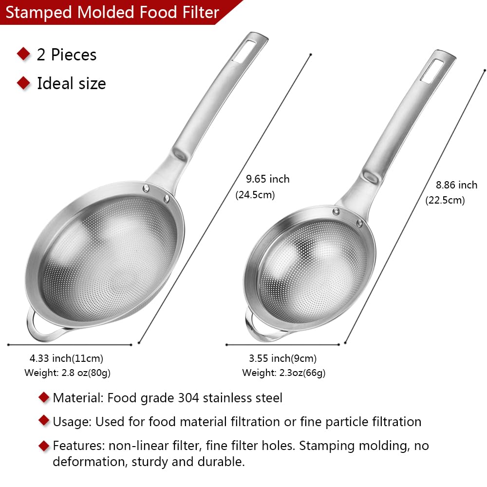 Collfa Punch Hole Sieve Fine Mesh Stainless Steel Small Colander Strainer With Handle Metal Micro Sifter Set of 2 for Kitchen Baking and Food Filter Rice,Tea,Pasta,Flour,Juice,Mini 3.55 and 4.33 Inch