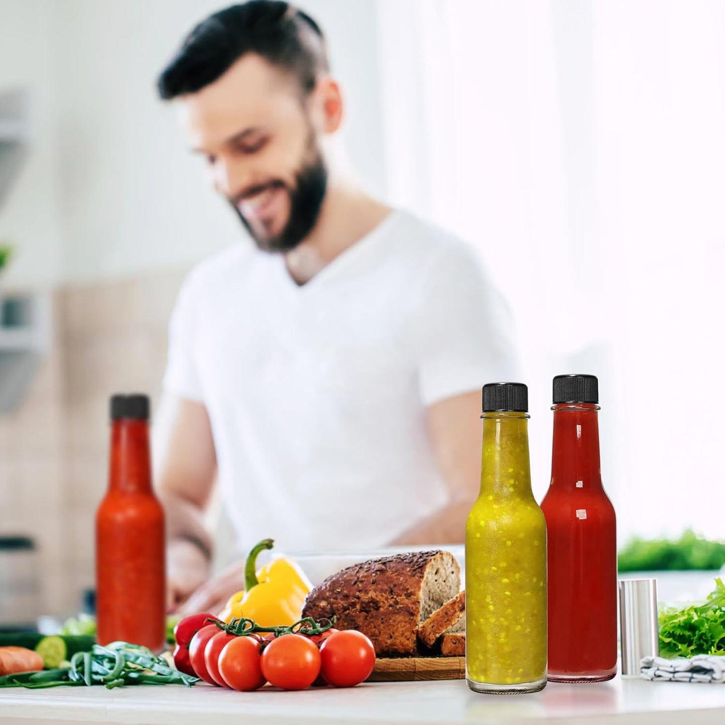 35 Pack 5 oz Woozy EkkoVla Clear Glass Hot Sauce Bottle with Black Caps and Orifice Reducers, Clear Bottles Empty Wine