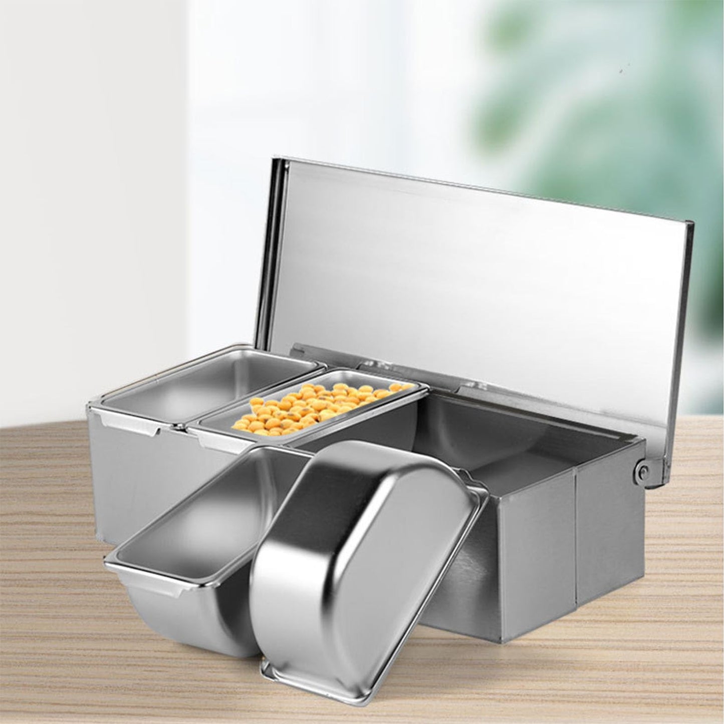 Ejoyous Seasoning Organizer Box, 4 Compartment Trays Stainless Steel Rack Set Large Capacity Storage Seasoning Case for Kitchen Camping Food Cream Parlor 14 x 8.8 x 30.5cm
