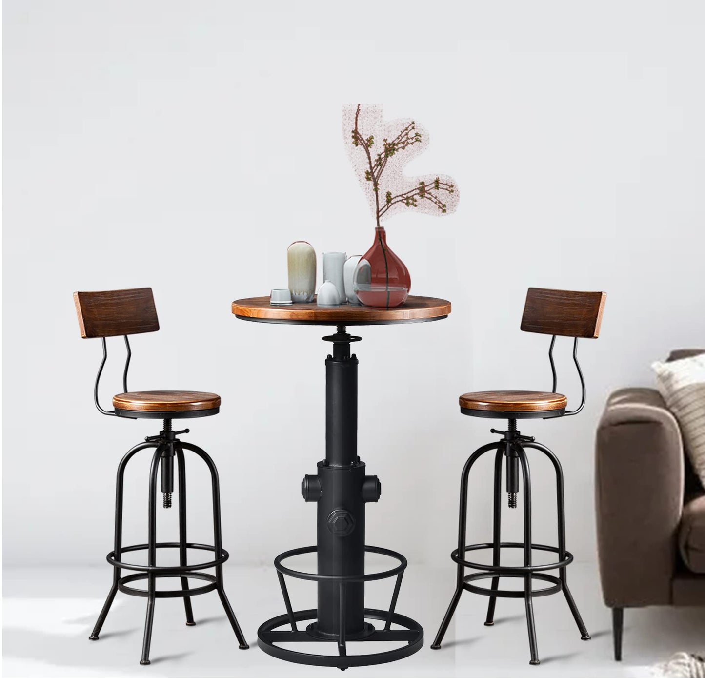 3-Piece Bar Height Table & Stools Sets for Cocktail Bistro Home Pub Party, Weld Metal Legs Round Wood Top, Rustic Brown Industrial Black Adjustable Swivel (1×38.6"-48.4" Table, 2×26"-32" Stool)