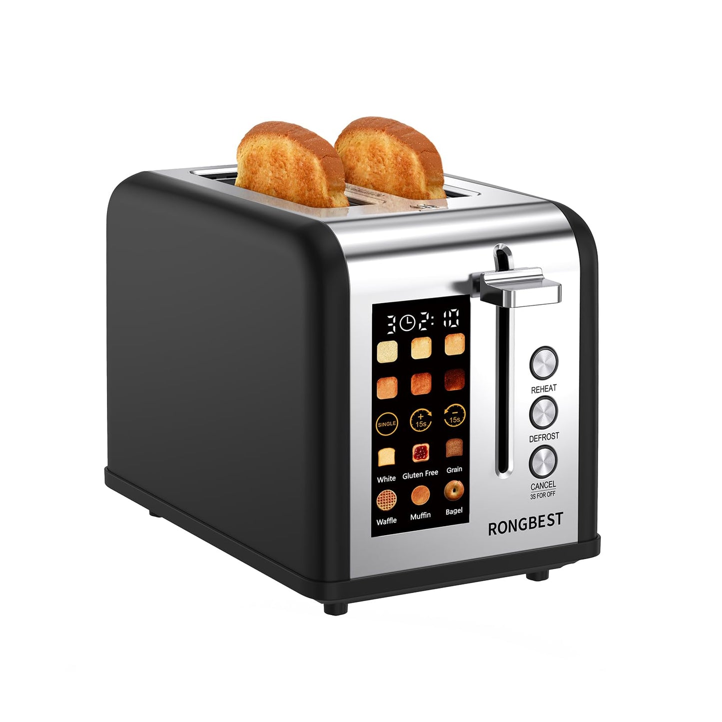 2 Slice Touch Screen Toaster Stainless Steel with Wide Slots, Even Toasting for Bagels & Bread, Defrost & Reheat, Easy Removable Crumb Tray, Matt Black