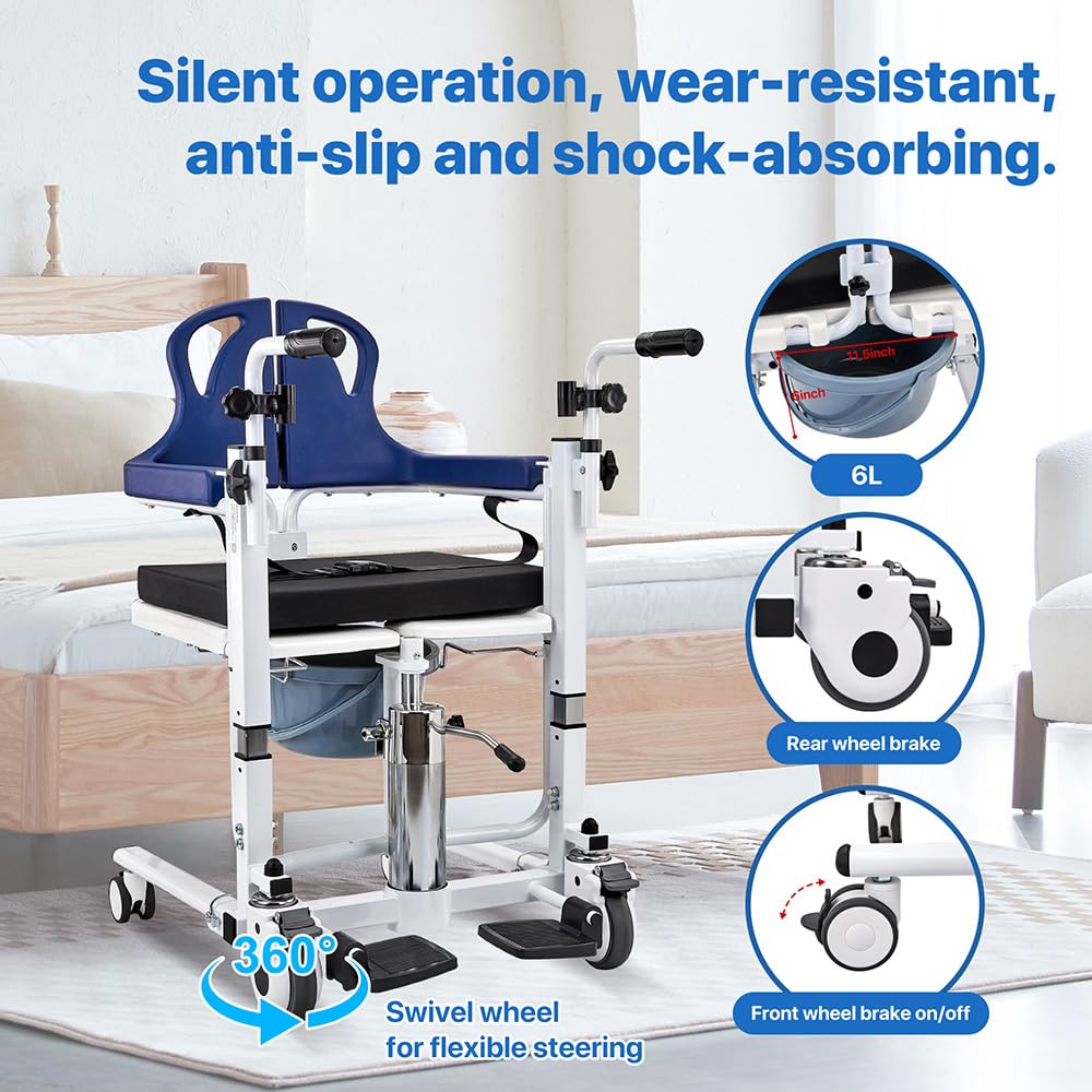Patient Transfer Lift Chair, 350 lb Capacity, 180° Split Seat, Hydraulic Commode Wheelchair for Elderly, Bed to Toilet