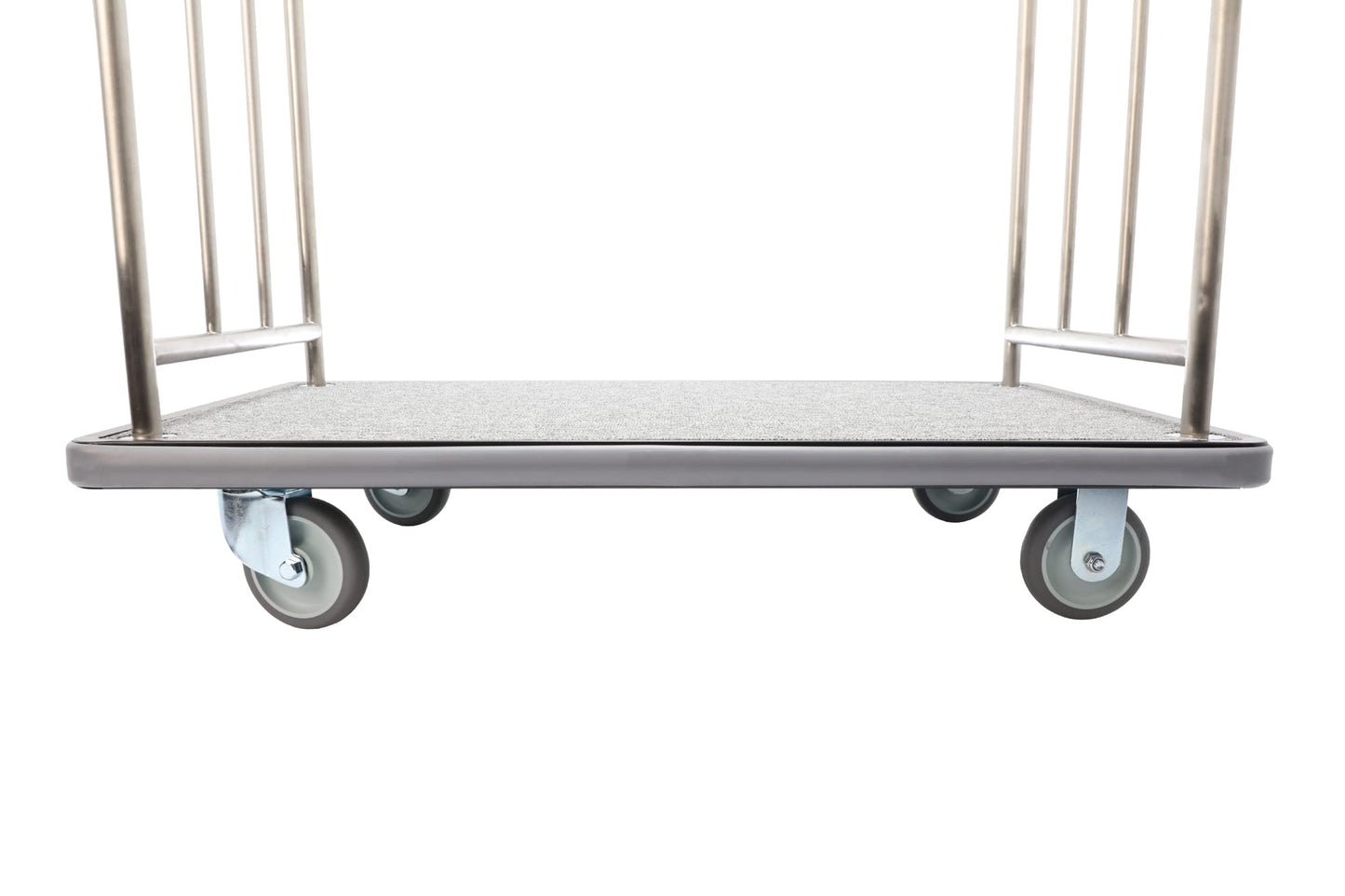 Wholesale Hotel Products Brushed Stainless Steel Luggage Cart – 800lb Capacity – Bellman Cart w/ 5” Rubber Wheels & Gray Carpet, for Hotel, Resorts, Condos, Commercial Use (Value Valet Series)