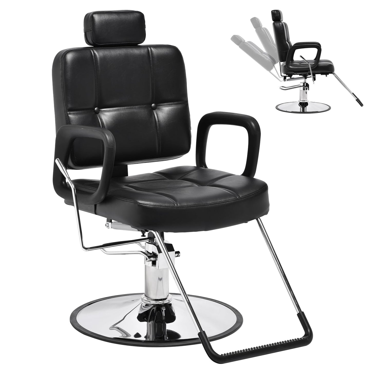 Barber Reclining Chair with Headrest - Heavy Duty Hydraulic Pump Height Adjustable,360°Swivel ,Max Load Weight 440 Lbs,Beauty Salon Spa,Barbershop,Hairdresser Cutting,Styling Stylist,Braiding,Black