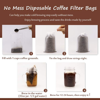 No Mess Cold Brew Coffee Filters - 150 Count Disposable Fine Mesh Bags for Iced Coffee Maker, 4"x 6"