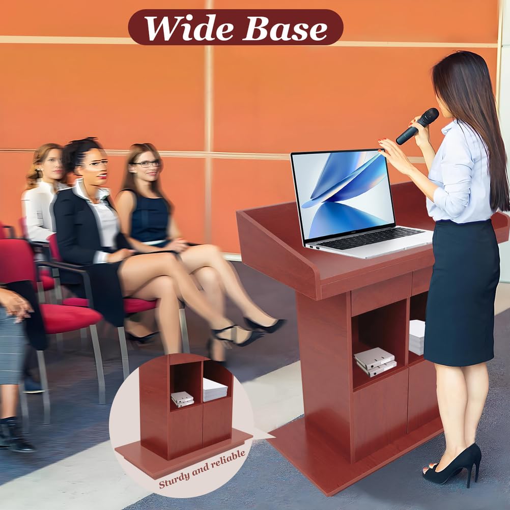 lecterns, Standing Wooden Podium, Podium Stand with Storage Platform, Church Podium and Pulpit, Walnut,L39×W20×H44in
