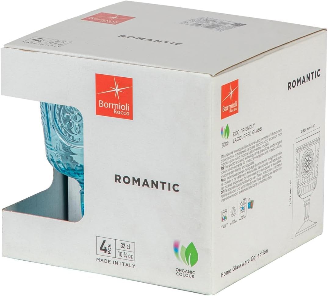 Bormioli Rocco Set of 4 Romantic Stemware Glasses, 10.75 Oz. Colored Crystal Glass, Light Blue, Made in Italy