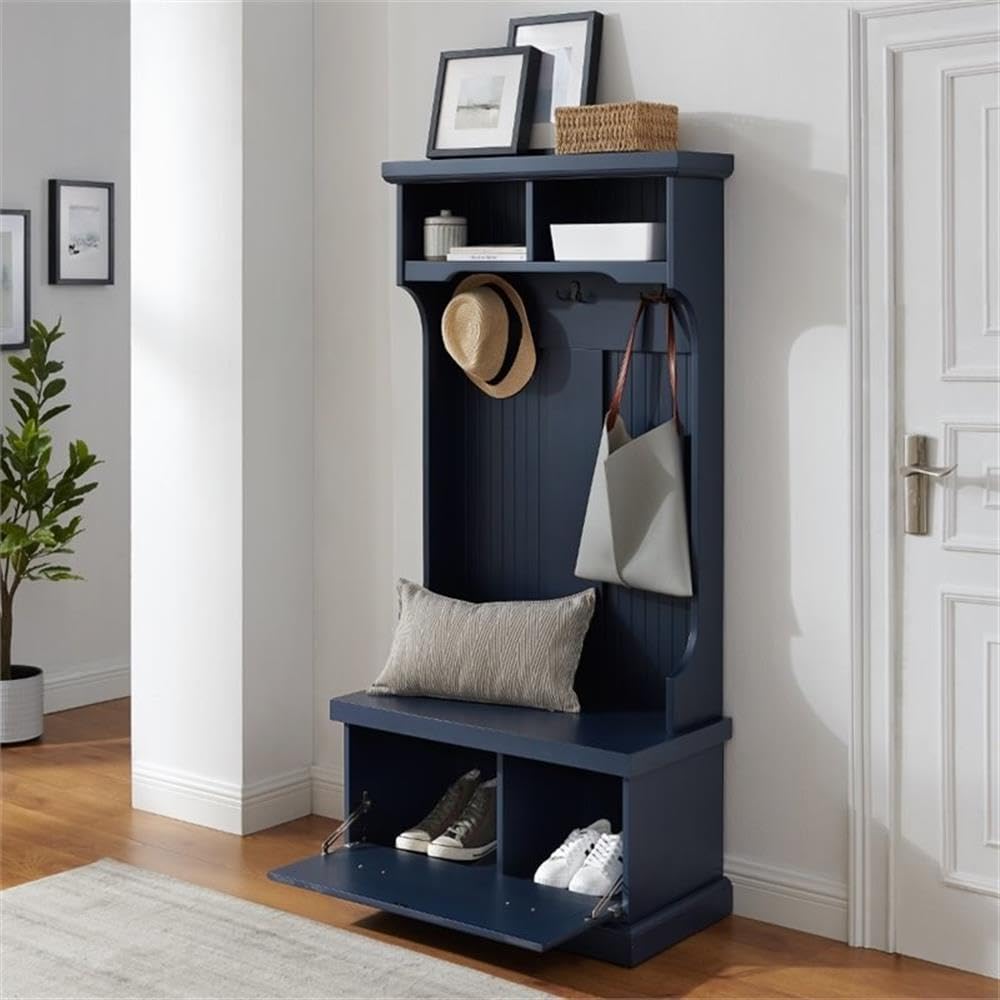 Bowery Hill Coastal Wood Hall Tree, Navy Finish, 64.25"H x 31.5"W x 15.75"D, Bead Board Design, 3 Double Hooks, Drop-Down Cabinet Door, Storage Shelves, Versatile Entryway Bench for Foyer or Mudroom