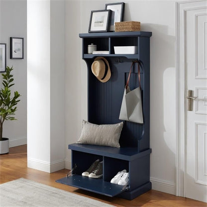 Bowery Hill Coastal Wood Hall Tree, Navy Finish, 64.25"H x 31.5"W x 15.75"D, Bead Board Design, 3 Double Hooks, Drop-Down Cabinet Door, Storage Shelves, Versatile Entryway Bench for Foyer or Mudroom