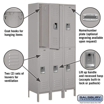 Salsbury Industries 62365GY-U Standard Metal Locker Double Tier 3 Wide 6 Feet High 15-Inch Deep Gray Unassembled,Grey