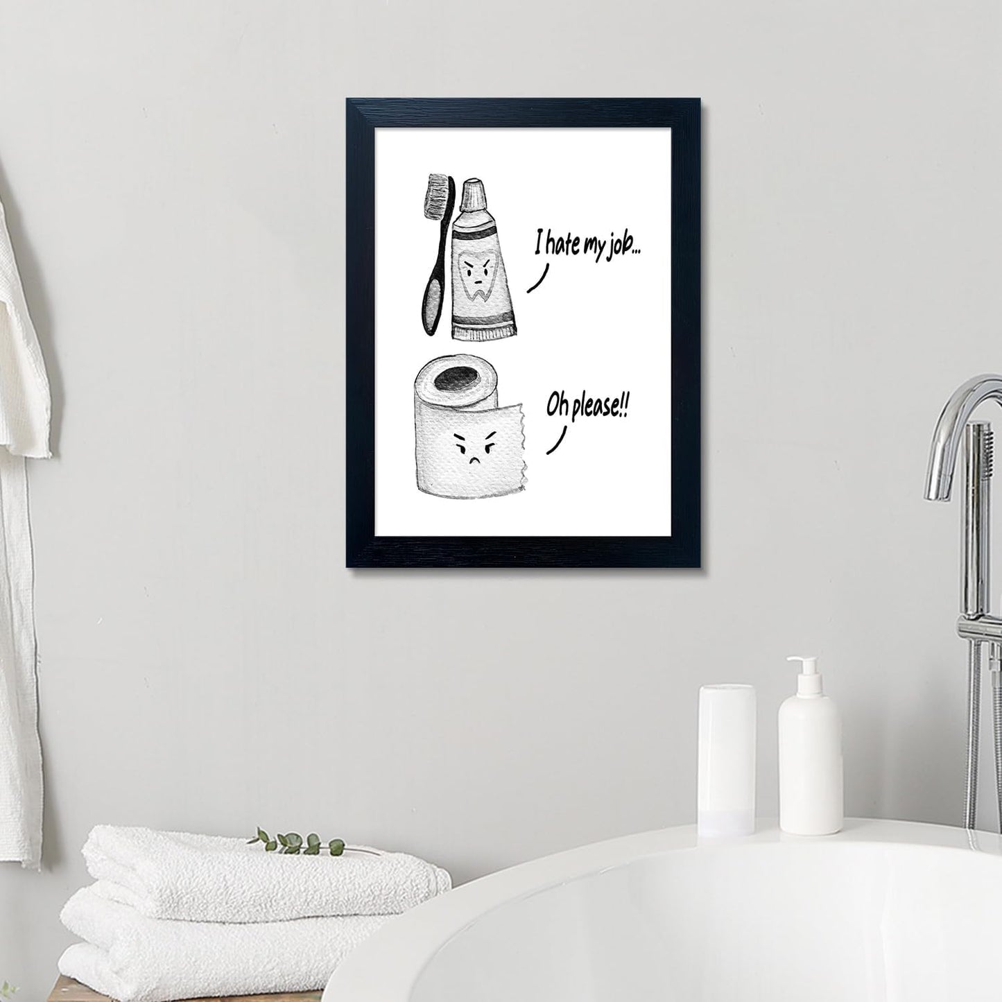 Skiennix Kids Bathroom Decor - Cute Children's Wall Art Canvas Print | Funny Framed Black and White Artwork
