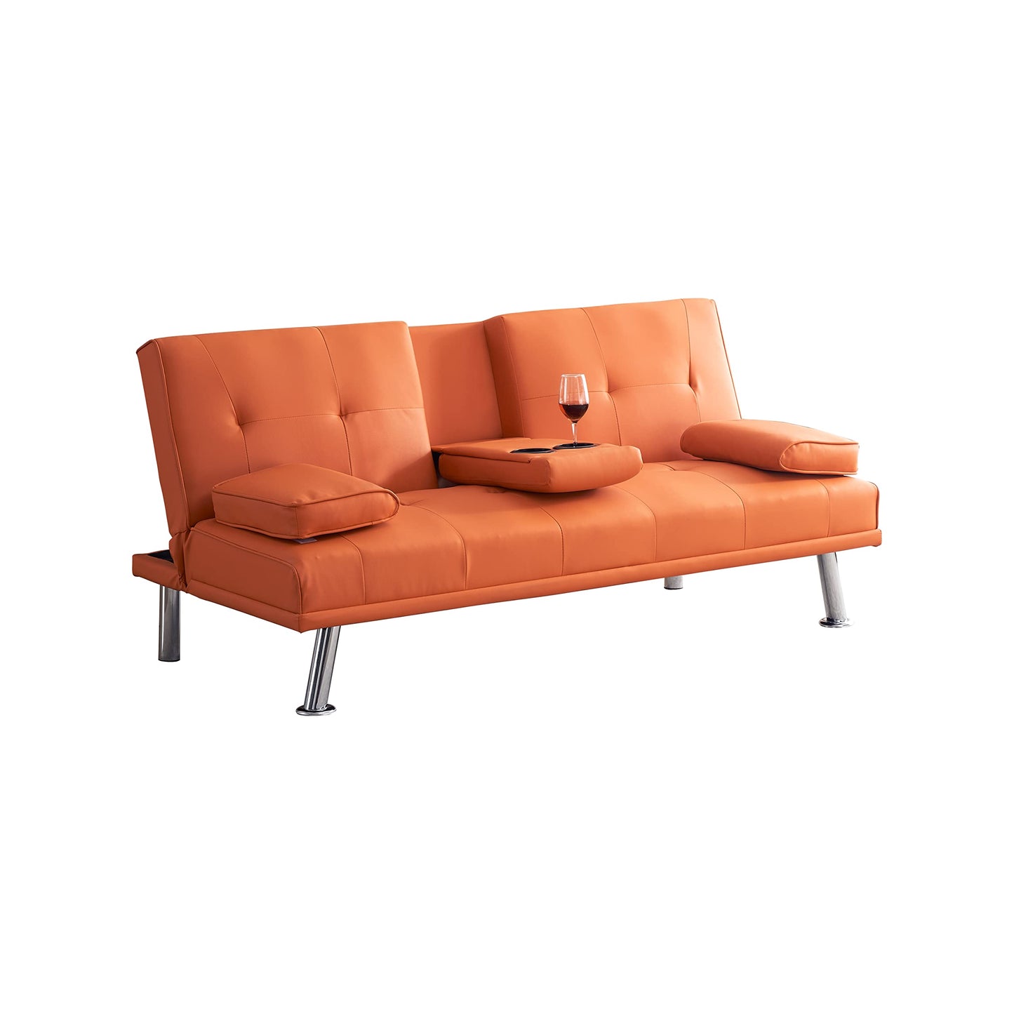 KEIKI 67" Leather Folding Futon Sofa w/Cup Holder & Adjustable Backrest, Mid Century Modern Couch Loveseat Convertible to Sleeper Bed, Comfy Cloud Couch SofaBed for Living Room & Bedroom, Orange