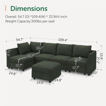 HONBAY Modular Sectional Sleeper Sofa Green Couch L Shaped Sectional Sofa with Storage, Convertible Couches for Living Room - Green
