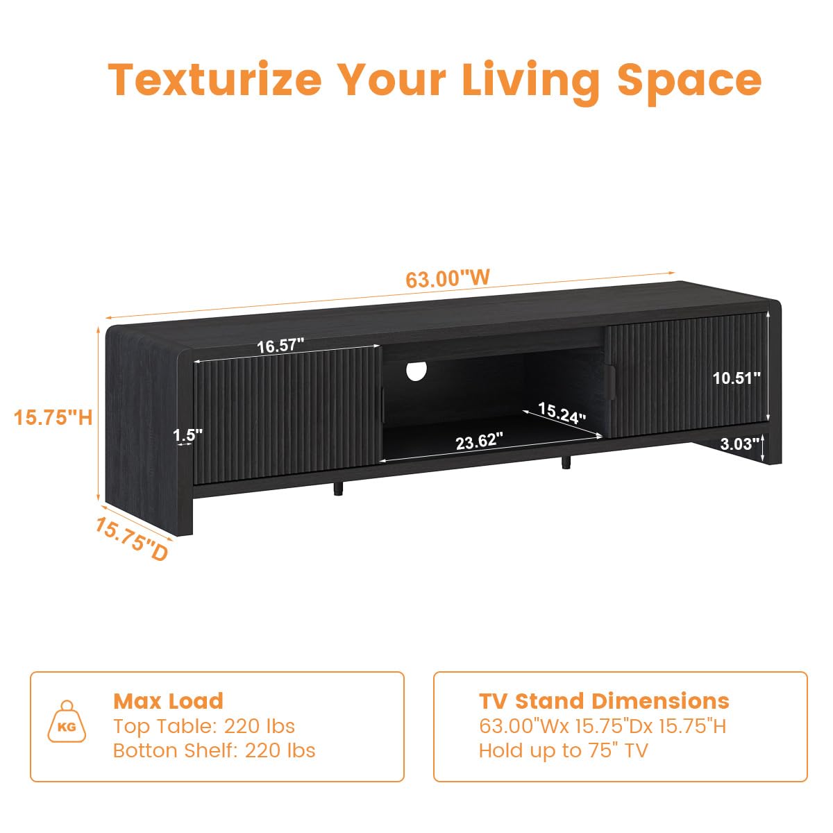 FATORRI TV Stand for 75/65/55 Inch TVs, Mid Century Modern Entertainment Center with Storage, Wooden Television Media Console Cabinet with Fluted-Door for Living Room, Bedroom (63 Inch W, Black)