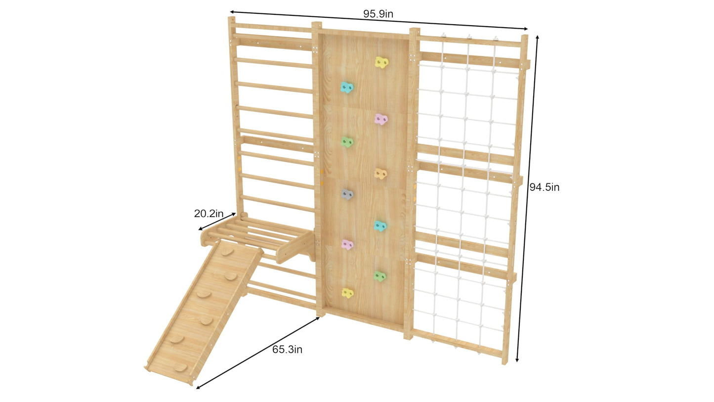 Avenlur Walnut Modular 9-in-1 Swedish Ladder Wall Gym & Climber – Montessori Indoor Playset with Rock Wall, Rope Net, Slide, Swing & Monkey Bars | Kids Climbing Gym for Toddlers & Children