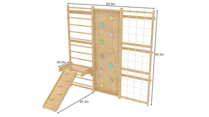 Avenlur Walnut Modular 9-in-1 Swedish Ladder Wall Gym & Climber – Montessori Indoor Playset with Rock Wall, Rope Net, Slide, Swing & Monkey Bars | Kids Climbing Gym for Toddlers & Children