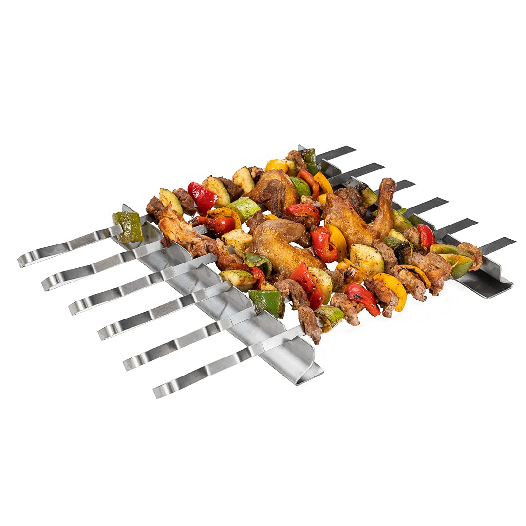Restaurantware Met Lux 16.9 Inch Barbecue Skewers With Racks 8 Piece Heavy-Duty Shish Kabob Skewer Set - Brings 6 Skewers Includes 2 Grill Racks Stainless Steel Grilling Skewer Set Reusable