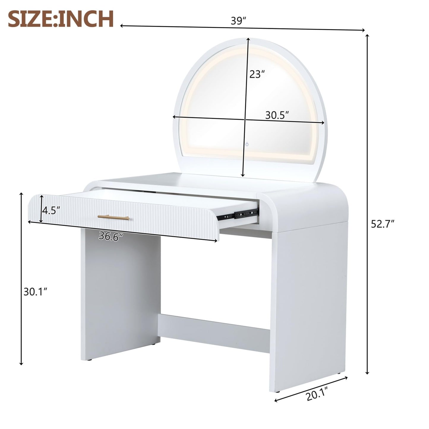 Merax 39" Make Up Vanity Desk with Touch Screen Lighted Mirror and Storage Drawer, Rubber Wood Girls Makeup Dresser Table for Bedroom, Dressing Room