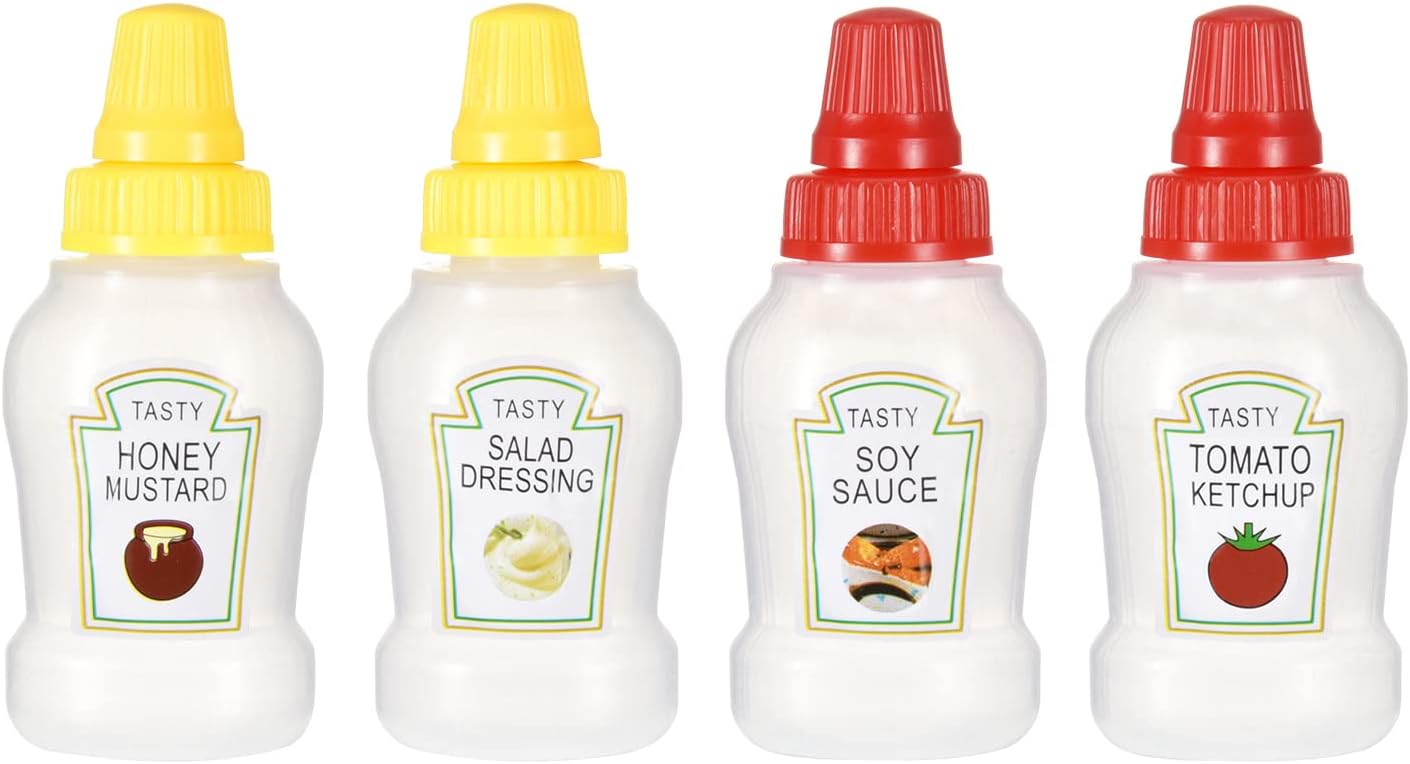 25ml (4) Jspupifip Mini Ketchup Bottles with Sturdy Screw Cap, Mini Condiment Squeeze Bottles Portable Honey Sauce
