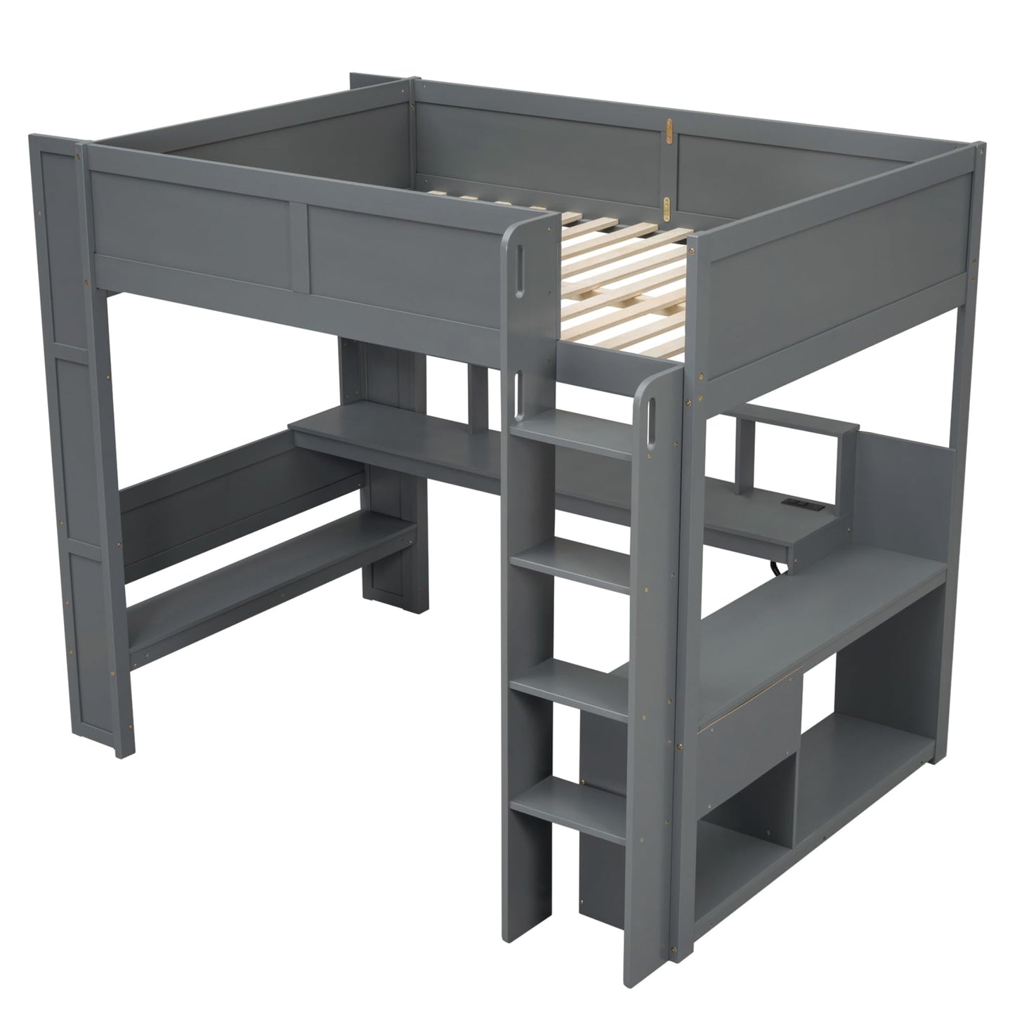 Merax Loft Bed Full Size with Gaming Desk, Mulfunctional Wood Loft Bed with Storage Shelves, Drawer and Charging Station, for Teens Adults (Dark Grey)