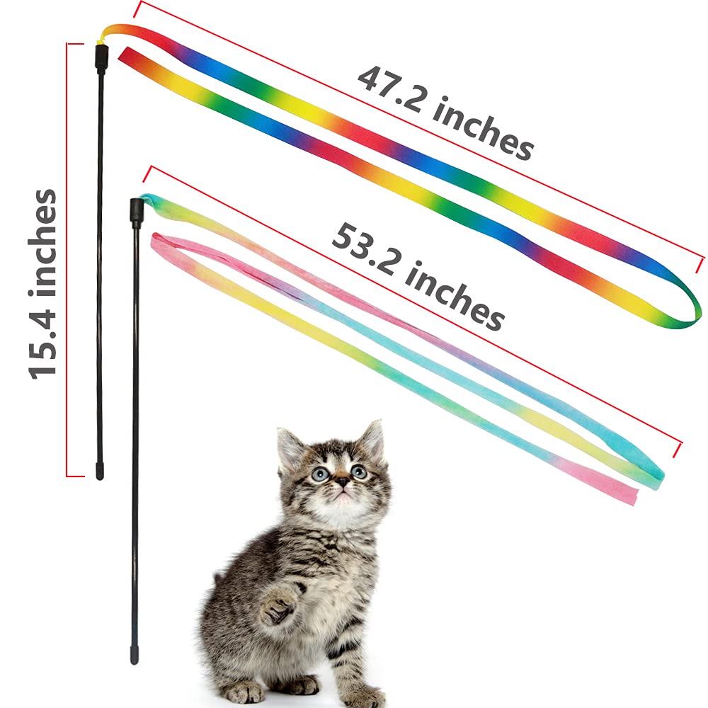 LASOCUHOO Interactive Cat Rainbow Wand Toys, Interactive Cat Teaser Wand String, Colorful Ribbon Charmer for Most Cats and Kittens - 2 Packs