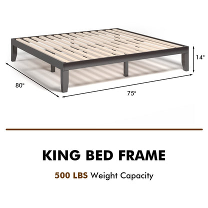 COSTWAY King Size Platform Bed Frame, 14 Inches Solid Rubber Wood Bed Mattress Foundation with Sturdy Slats Support, Easy Assembly Bed Frame for Home Hotel, No Box Spring Needed (Espresso, King)