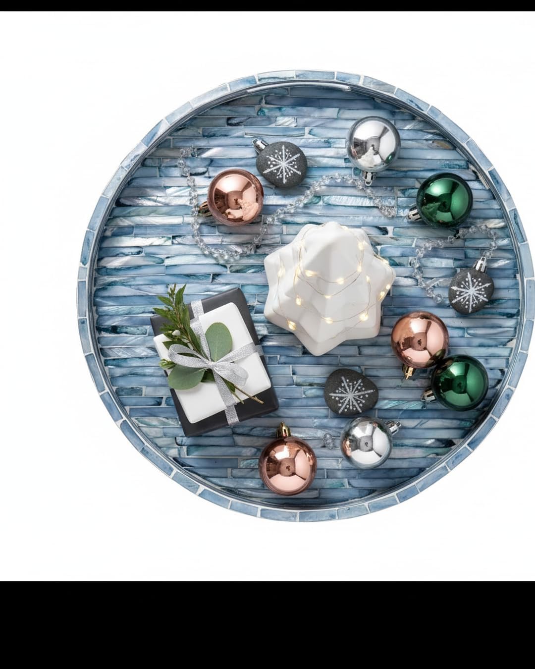 12.6 PEMAR Mother of Pearls Lacquer Inlaid Round Serving Tray with Handles, Round Decorative Nacred Wooden Ottoman