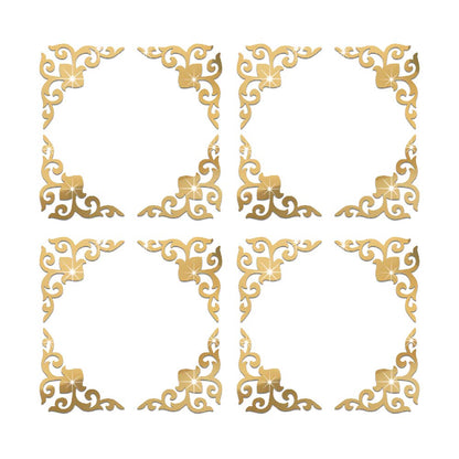 funlife Hollow Self Adhesive Mirror Wall Stickers, Small Plastic Gold Mirror with Adhesive Back for Home Cabinet Wall Decor 3.94" X 3.94" 16 PCS Corner Onlay Applique Pattern-Mirror