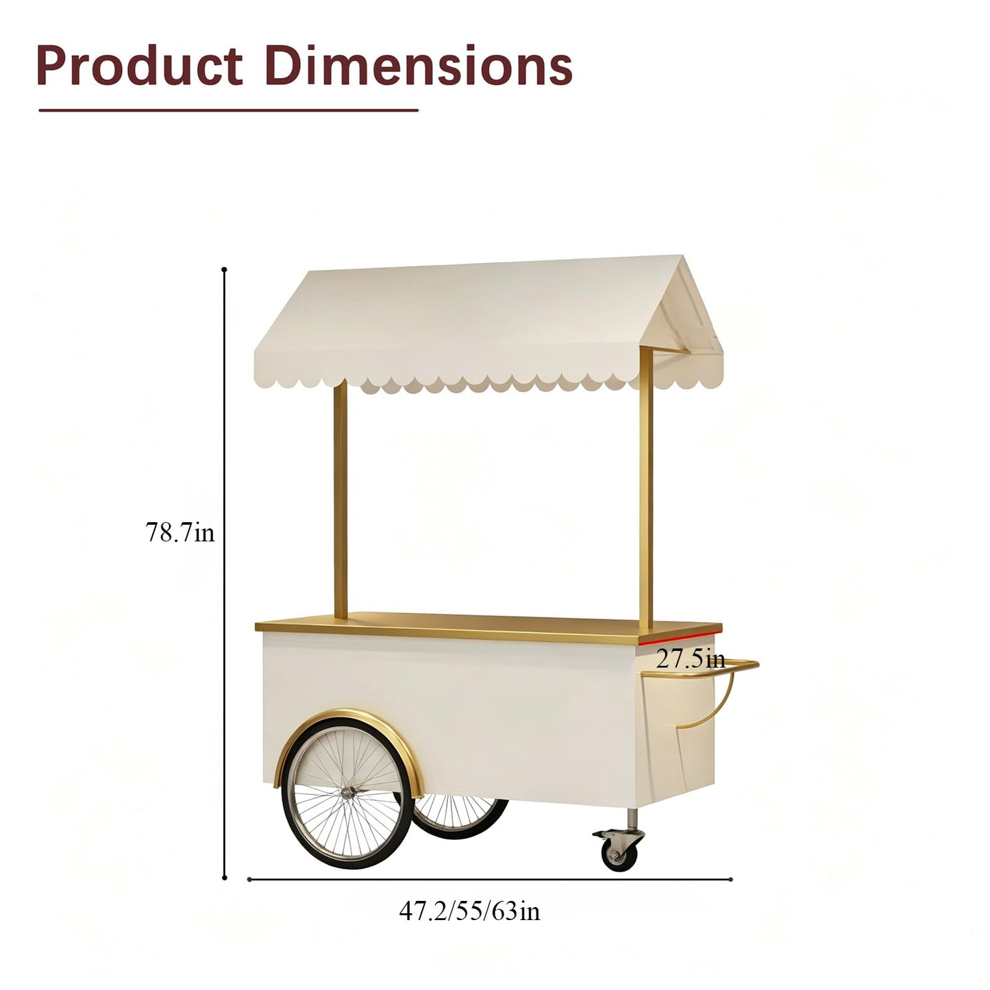 FUNEWBO Luxury White Gold Vendor Cart with Scalloped Awning,Wheeled Food Display Trolley,Elegant Serving Cart for Wedding,Party & Small Business(47.2 * 27.5 * 78.7in, White)