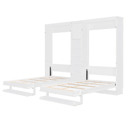 Merax Dual Twin Murphy Bed with Cabinets and Shelves, Space Saving Wall Bed with Storage, Foldable Twin Beds with Convertible Shelf Legs for Guest Room, Small Space, White