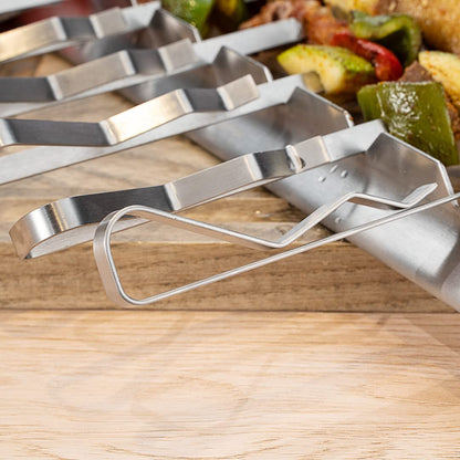 Restaurantware Met Lux 16.9 Inch Barbecue Skewers With Racks 8 Piece Heavy-Duty Shish Kabob Skewer Set - Brings 6 Skewers Includes 2 Grill Racks Stainless Steel Grilling Skewer Set Reusable