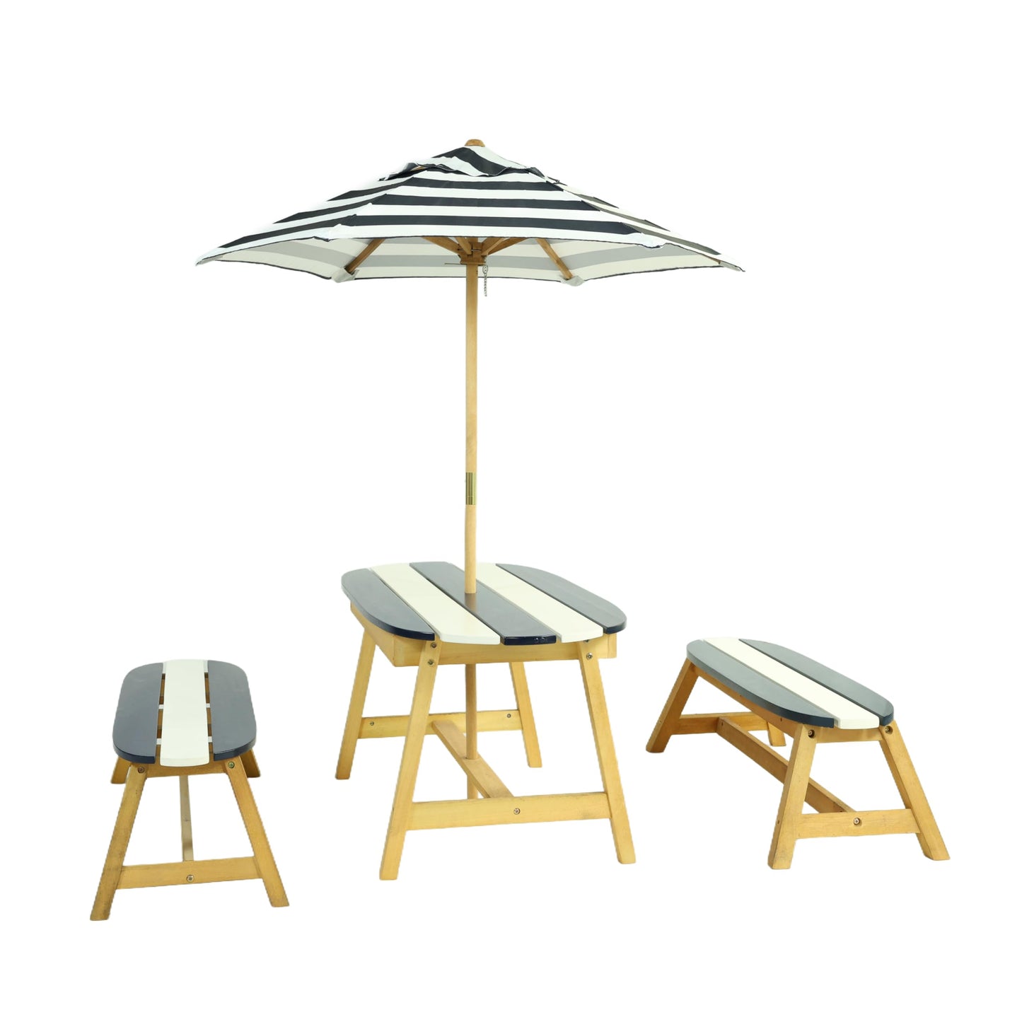 Gecheer Naturally Playful Kids Picnic Table with Umbrella – Indoor/Outdoor Wooden Table Set for 4 Children, Dark Blue, Round Corner Safety Design