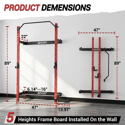 Folding Squat Rack for Home Gym – 1000 LBS Capacity Wall Mounted Power Rack with Pull-Up Bar, j-Hooks & Landmine | 2.36" x 2.36" Heavy-Duty Steel, Space-Saving Foldable Squat Cage for Home Garage