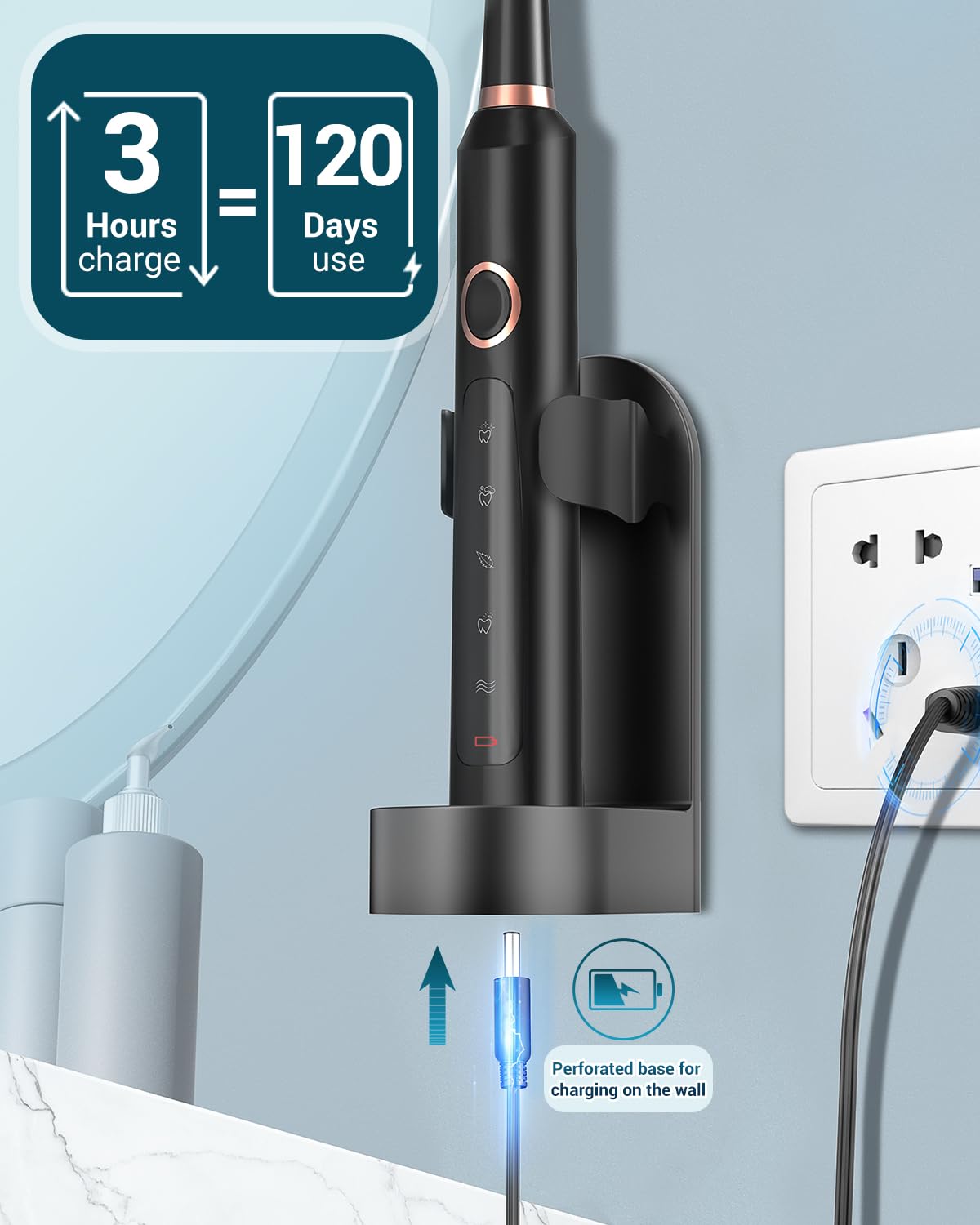 Rtauys M5 Sonic Electric Toothbrush for Adults and Kids - Rechargeable Electric Toothbrush Kids Ages 12+ and Adults with 8 Brush Heads & Travel Case, 120 Days Battery Life - Pink