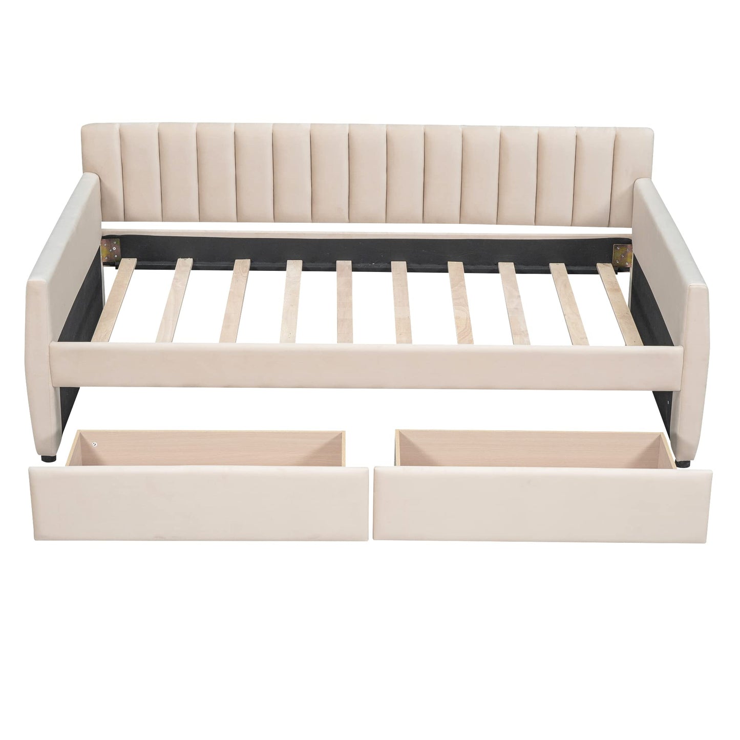 Merax Upholstered Daybed with 2 Drawers, Twin Size Bed Frame with Storage and Wood Slat Support, Beige